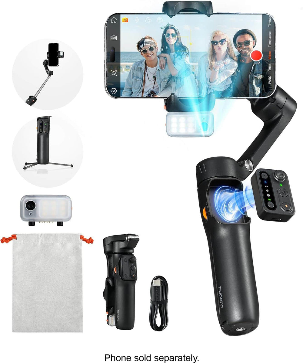 Hohem - iSteady V3 3-Axis Gimbal Stabilizer for Smartphone w/ AI Tracking, Detachable Remote, Extendable Pole, & Magnetic Light - Black
