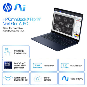 HP - OmniBook X Flip 2-in-1 - Copilot+ PC - 14" 2K Touch-Screen Laptop - Intel Core Ultra 5 226V - 16GB Memory - 512GB SSD - Atmospheric Blue
