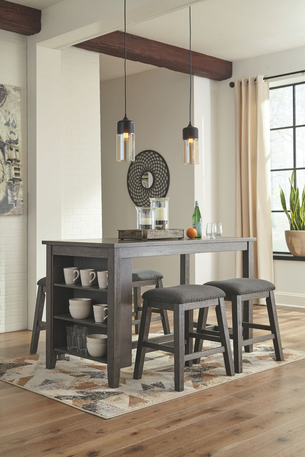 Caitbrook - Rectangular Counter Table Set #5pc.table,2upholsteredstools,2upholsteredbarstools