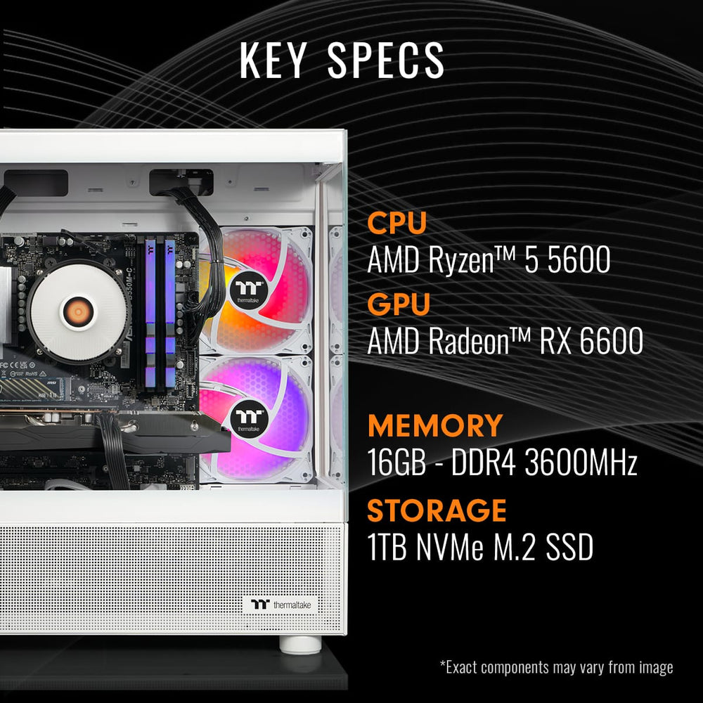 Thermaltake - LCGS Vista R66 Gaming Desktop AMD Ryzen 5 5600 2024, 16GB RGB Memory, AMD Radeon RX 6600, 1TB NVMe M.2, Wifi - White