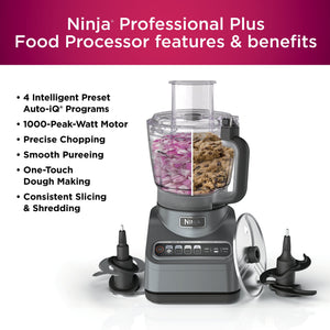 Ninja - Professional Plus Food Processor, 1000 Peak Watts, 9-Cup Capacity, 4 Auto-iQ Preset Programs - Cloud Silver