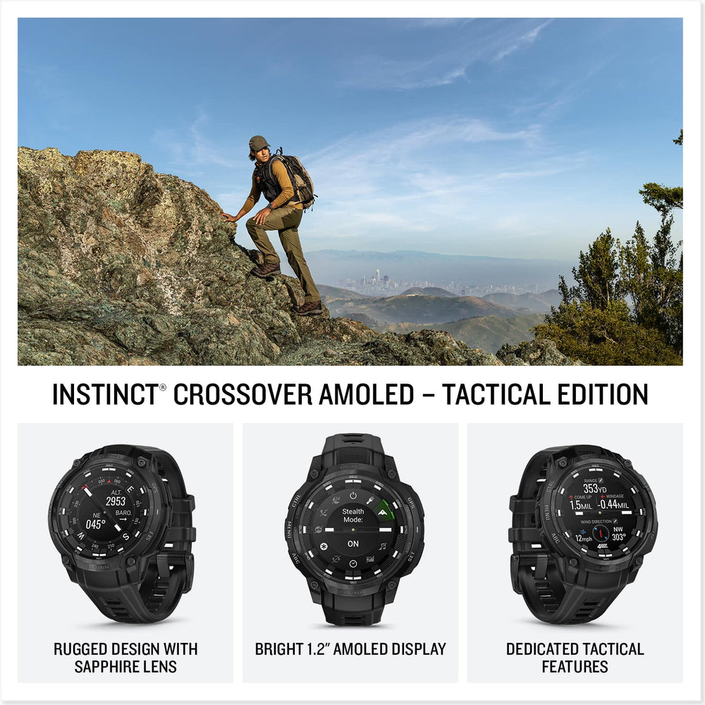 Garmin - Instinct Crossover AMOLED Tactical Edition GPS Smartwatch 47 mm Fiber-reinforced Polymer - Black with black silicone band - (2025)