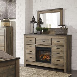 Trinell - Brown - 3 Pc. - Dresser, Mirror With Faux Firebrick Fireplace Insert