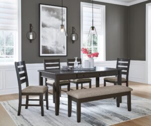 Ambenrock - Almost Black - 6 Pc. - Dining Table, 4 Side Chairs, Bench