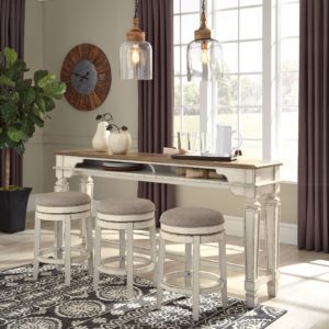 Realyn - White - 4 Pc. - Long Counter Table, 3 Swivel Stools