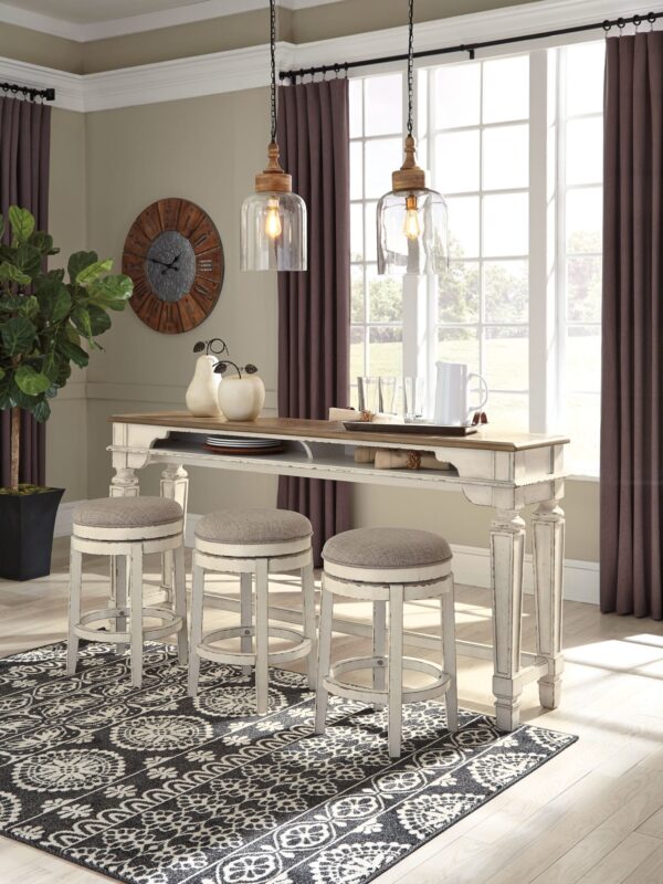 Realyn - White - 4 Pc. - Long Counter Table, 3 Swivel Stools