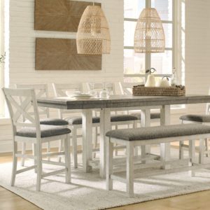 Brewgan - White / Brown / Beige - 8 Pc. - Counter Extension Table, 6 Barstools, Double Bench