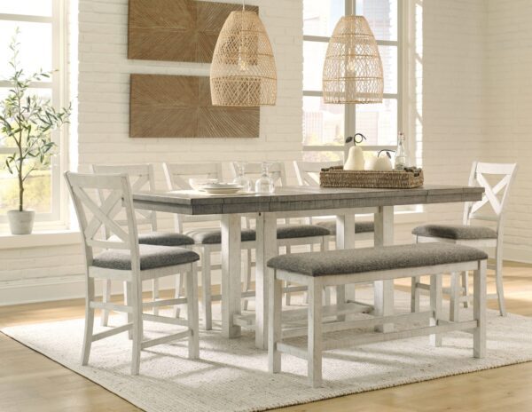 Brewgan - White / Brown / Beige - 8 Pc. - Counter Extension Table, 6 Barstools, Double Bench