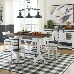 Valebeck - White - 6 Pc. - Counter Table, 4 Swivel Barstools, Server