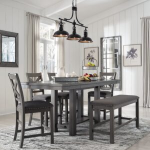 Myshanna - Gray - 6 Pc. - Counter Extension Table, 4 Barstools, Bench