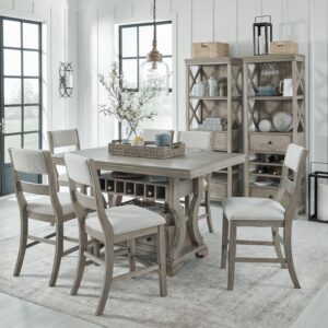 Moreshire - Bisque - 9 Pc. - Counter Table, 6 Upholstered Barstools, 2 Display Cabinets