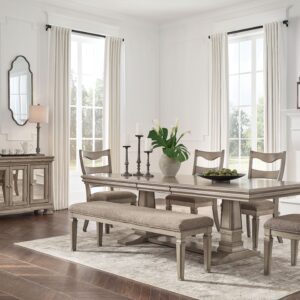 Lexorne - Gray - 8 Pc. - Dining Extension Table, 4 Side Chairs, Bench, Server