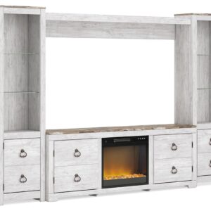 Willowton - Whitewash - 4-Piece Entertainment Center With 72" TV Stand And Glass/Stone Fireplace Insert