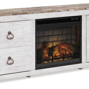 Willowton - Whitewash - 72" TV Stand With Faux Firebrick Fireplace Insert