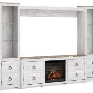Willowton - Whitewash - 4-Piece Entertainment Center With Faux Firebrick Fireplace Insert