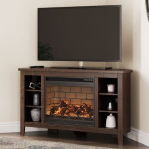 Camiburg - Warm Brown - Corner TV Stand With Faux Firebrick Fireplace Insert