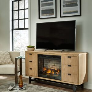 Freslowe - Light Brown / Black - TV Stand With Electric Infrared Fireplace Insert