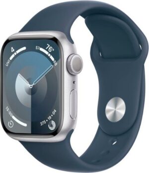 Apple Watch Series 9 (GPS) 41mm Silver Aluminum Case with Storm Blue Sport Band with Blood Oxygen - M/L - Silver