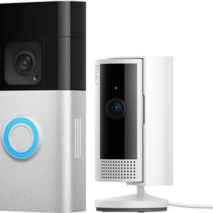 Ring - Essential Security Set with Battery Doorbell Plus and Indoor Cam - Satin Nickel and White