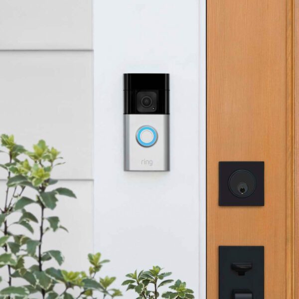 Ring - Essential Security Set with Battery Doorbell Plus and Indoor Cam - Satin Nickel and White