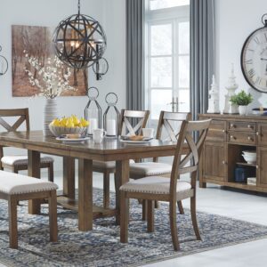 Moriville - Dark Gray - 7 Pc. - Extension Table, 4 Side Chairs, Bench, Server