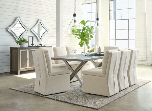 Krystanza - Weathered Gray - 9 Pc. - Dining Room Table, 8 Oatmeal Side Chairs, Server