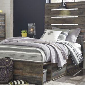 Drystan - Brown / Beige - Twin Panel Bed with 4 Side Drawers
