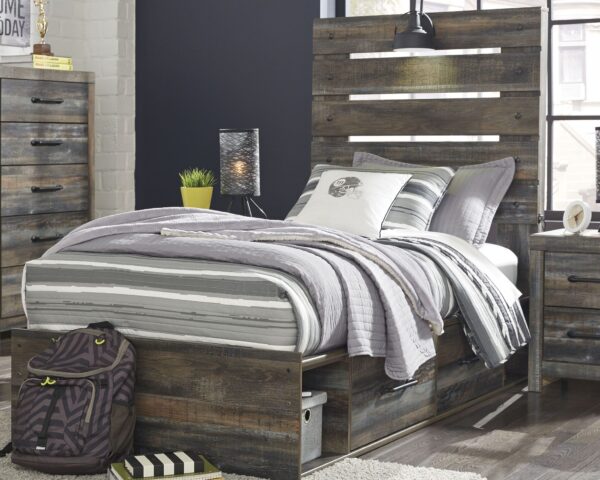Drystan - Brown / Beige - Twin Panel Bed with 4 Side Drawers
