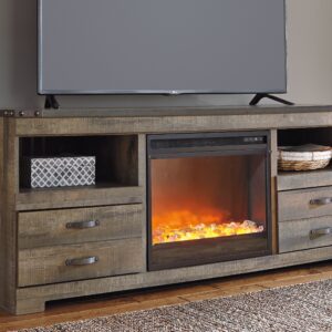 Trinell - Brown - 2 Pc. - 63" TV Stand with Fireplace Insert Glass/Stone
