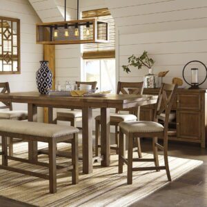 Moriville - Dark Gray - 7 Pc. - Counter Extension Table, 4 Barstools, Bench, Server