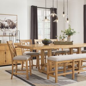 Havonplane - Brown - 9 Pc. - Counter Extension Table, 6 Upholstered Barstools, Bench, Server