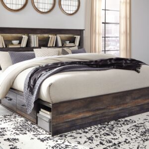 Drystan - Brown / Beige - King Bookcase Bed With 4 Storage Drawers