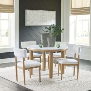 Sawdyn - White / Light Brown - 5 Pc. - Round Dining Room Table, 4 Side Chairs