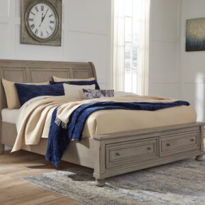Lettner - Light Gray - King Sleigh Bed with 2 Storage Drawers