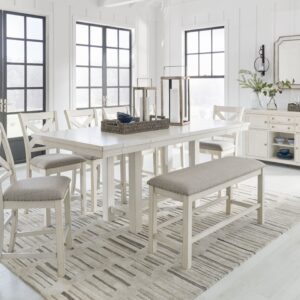 Robbinsdale - Antique White - 9 Pc. - Rectangular Counter Height Dining Extension Table, 6 Barstools, Bench, Server