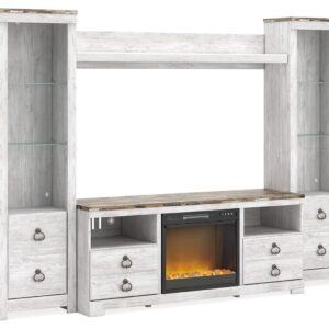 Willowton - Whitewash - 4-Piece Entertainment Center With 64" TV Stand And Glass/Stone Fireplace Insert