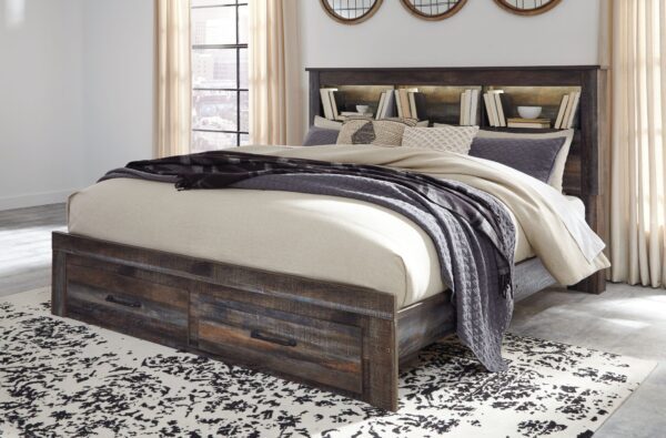 Drystan - Brown / Beige - King Bookcase Bed with 2 Storage Drawers