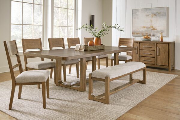 Cabalynn - Oatmeal / Light Brown - 9 Pc. - Dining Room Table, 6 Side Chairs, Bench, Server