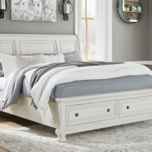Robbinsdale - Antique White - Queen Sleigh Bed with 2 Storage Drawers