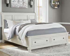 Robbinsdale - Antique White - King Sleigh Bed with 2 Storage Drawers