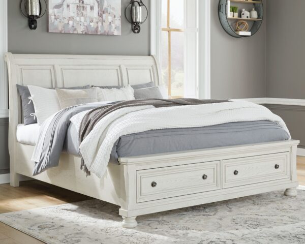 Robbinsdale - Antique White - King Sleigh Bed with 2 Storage Drawers
