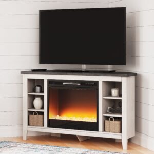 Dorrinson - White / Black / Gray - Corner TV Stand With Fireplace Insert Glass/Stone