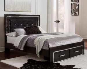 Kaydell - Black - Queen Upholstered Panel Bed with 2 Storage Drawers, Roll Slats