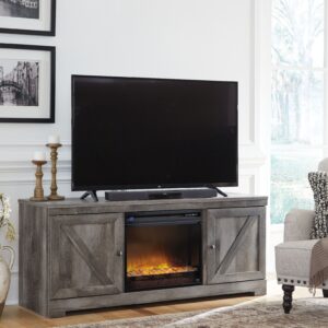 Wynnlow - Gray - 63" TV Stand With Glass/Stone Fireplace Insert