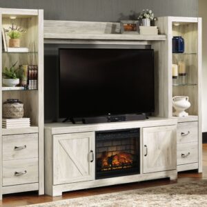 Bellaby - Whitewash - Entertainment Center - TV Stand With Faux Firebrick Fireplace Insert
