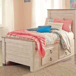 Willowton - Whitewash - Twin Panel Bed with 2 Storage Drawers