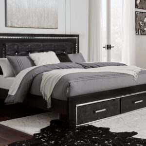 Kaydell - Black - King Upholstered Panel Bed with 2 Storage Drawers, Roll Slats