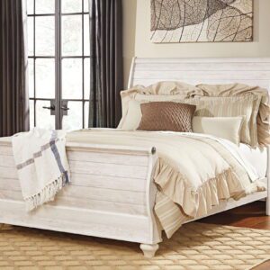 Willowton - Whitewash - Queen Sleigh Bed with Faux Plank Design