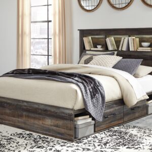 Drystan - Brown / Beige - Queen Bookcase Bed with 4 Side Drawers