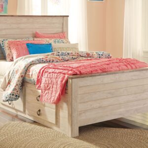 Willowton - Whitewash - Full Panel Bed with 2 Storage Drawers